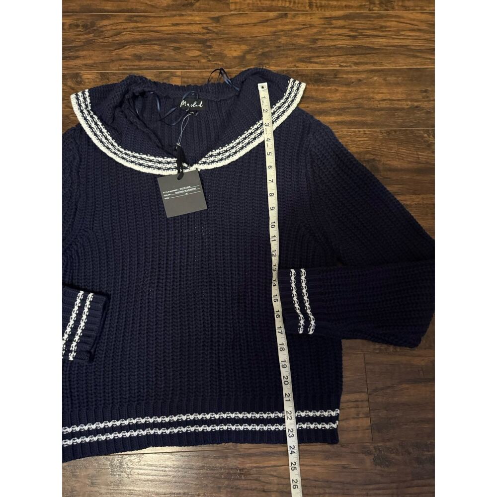 Marled Sailor Collar Knit Sweater Navy Blue Women's Sz M Chunky Pullover - Picture 6 of 10